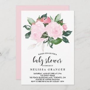 Sweet Pink Watercolor Roses Baby Shower Invitation