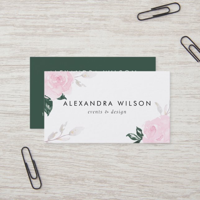 Sweet Pink Watercolor Roses Business Card (Front/Back In Situ)