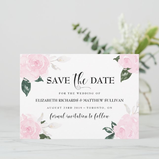 Sweet Pink Watercolor Roses Save the Date Photo (Standing Front)