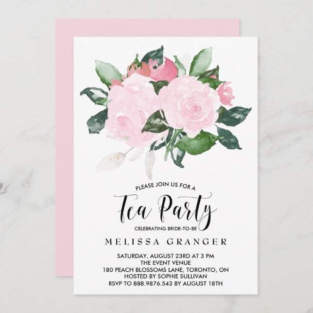 Sweet Pink Watercolor Roses Tea Party Invitation (Front/Back)