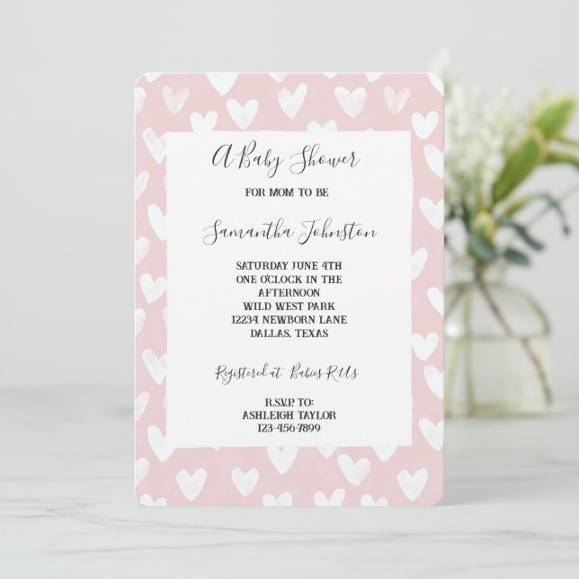 Sweet Pink White Hearts Baby Shower Invitation (Standing Front)