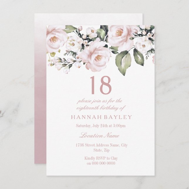 Sweet Pink White Roses Eighteenth 18th Birthday Invitation (Front/Back)