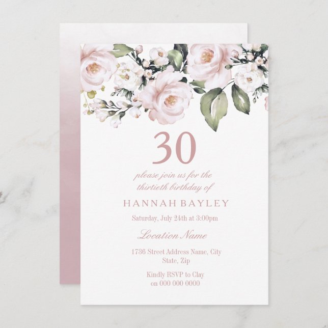 Sweet Pink White Roses Modern 30th Birthday Invitation (Front/Back)