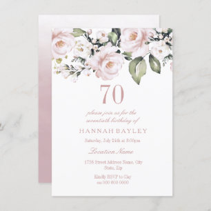 Sweet Pink White Roses Modern 70th Birthday Invitation