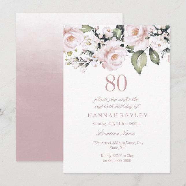 Sweet Pink White Roses Modern 80th Birthday Invitation (Front/Back)