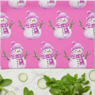 Sweet Pink White Snowman Christmas  Tea Towel
