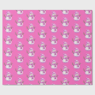 Sweet Pink White Snowman Christmas  Wrapping Paper
