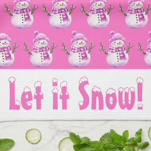 Sweet Pink White Snowman Personalized Christmas  Tea Towel