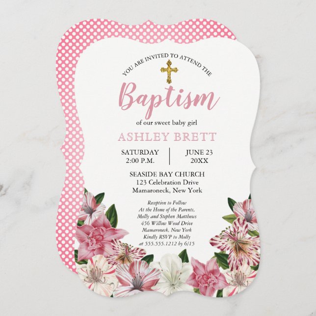 Sweet Pink | White Vintage Floral Baptism Invitation (Front/Back)