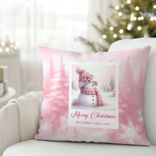Sweet Pinkmas Snowman Winter Forest Pillow Decor