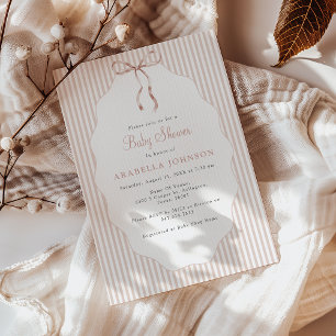 Sweet Pinstriped Beige Bow Baby Shower Invitation