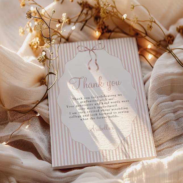 Sweet Pinstriped Beige Bow Graduation Thank You Card (Creator Uploaded)