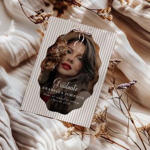 Sweet Pinstriped Beige Bow Photo Graduation Announcement