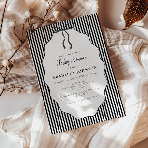 Sweet Pinstriped Black Bow Baby Shower Invitation