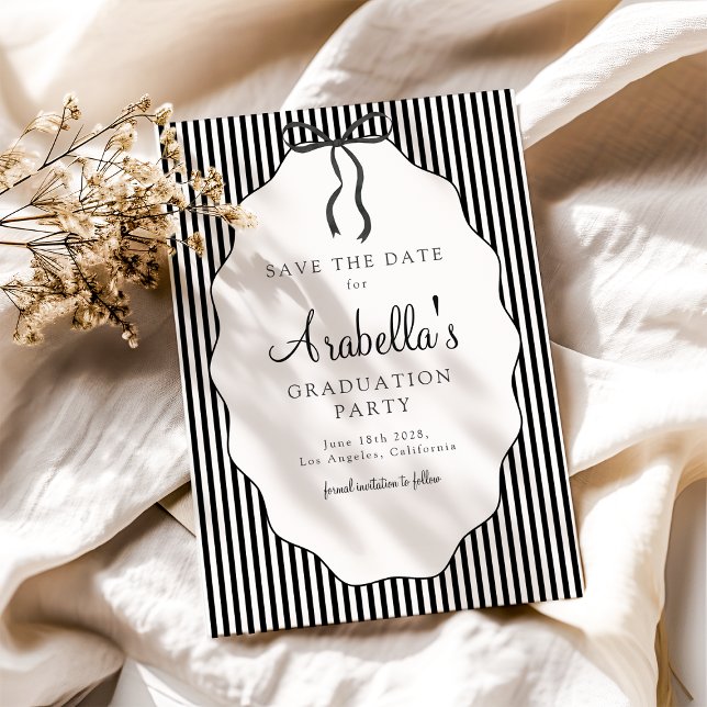 Sweet Pinstriped Black Bow Graduation Save The Date (Creator Uploaded)