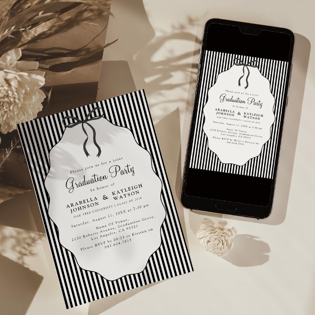 Sweet Pinstriped Black Bow Joint Graduation Invitation (Creator Uploaded)