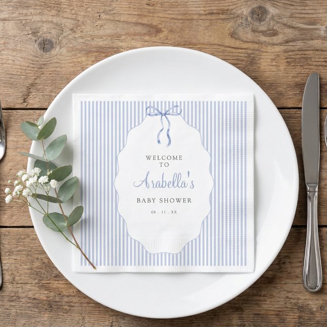 Sweet Pinstriped Blue Bow Baby Shower Napkin (Creator Uploaded)