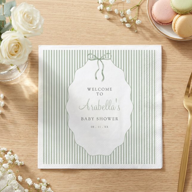 Sweet Pinstriped Green Bow Baby Shower Napkin (Creator Uploaded)