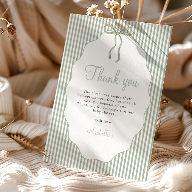 Sweet Pinstriped Green Bow Baby Shower Thank You Card (Creator Uploaded)