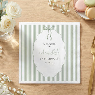 Sweet Pinstriped Green Bow Baby Shower Welcome Napkin