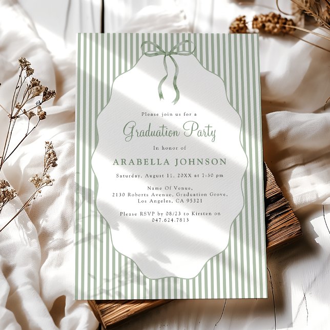 Sweet Pinstriped Green Bow Graduation Invitation (Creator Uploaded)