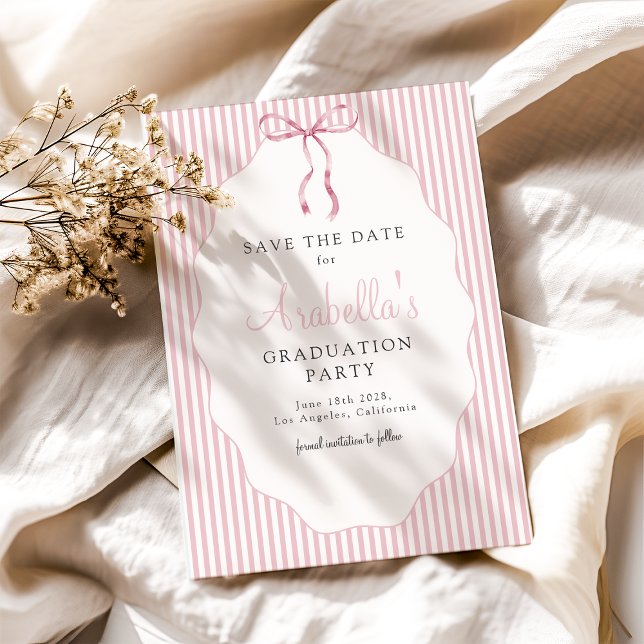 Sweet Pinstriped Pink Bow Graduation Save The Date (Creator Uploaded)