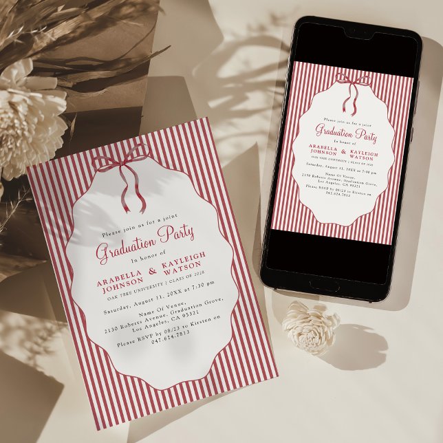 Sweet Pinstriped Red Bow Joint Graduation Invitation (Creator Uploaded)
