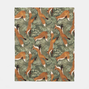 Sweet Playful Foxes in Rust Brown on Olive Green Fleece Blanket
