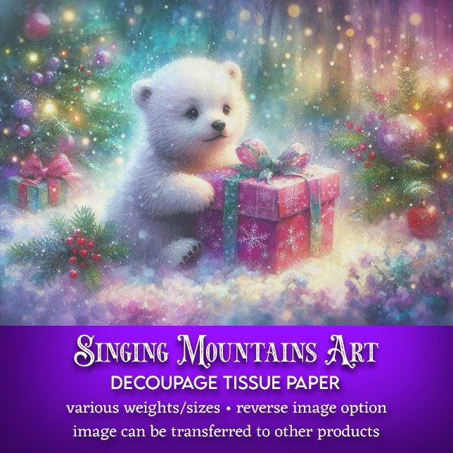 Sweet Polar Bear Cub With Christmas Gift Decoupage Tissue Paper (Creator Uploaded)