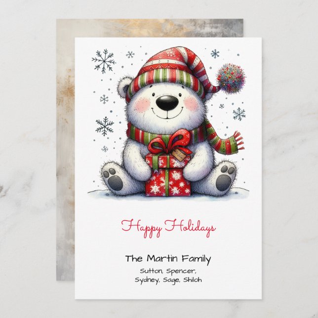 Sweet Polar Bear in a Santa Hat Happy  Holiday Card (Front/Back)