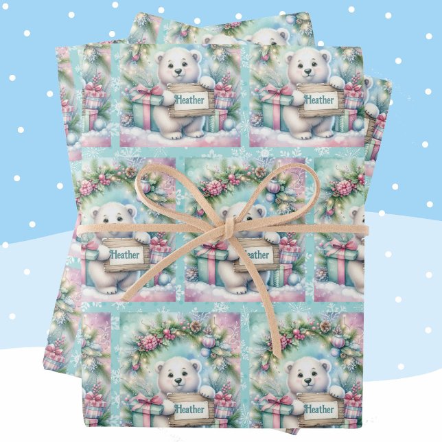 Sweet Polar Bear Personalise Name Christmas 3 Wrapping Paper Sheet (Creator Uploaded)