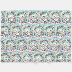 Sweet Polar Bear Personalise Name Christmas Fleece Blanket