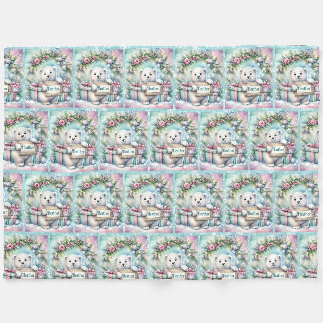 Sweet Polar Bear Personalise Name Christmas  Fleece Blanket (Creator Uploaded)
