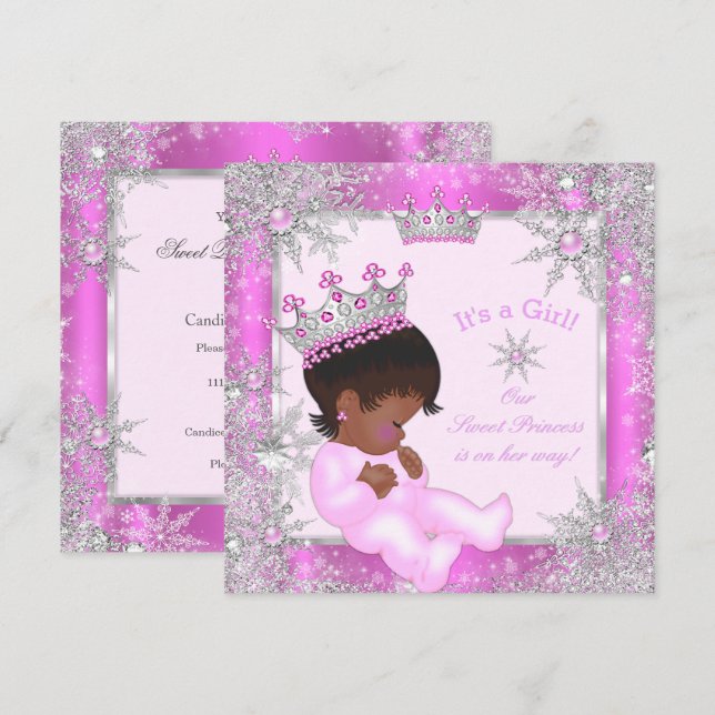 Sweet Princess Baby Shower Snowflake Pink Ethnic Invitation (Front/Back)