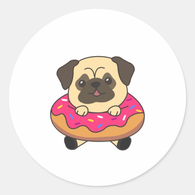 Sweet Pug Funny Animals In Donut Pink Classic Round Sticker (Front)