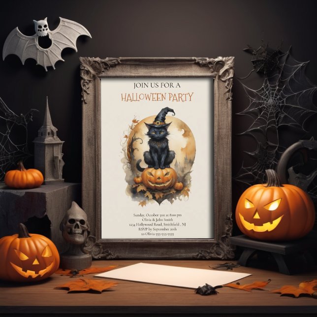 Sweet Pumpkin Black Cat Halloween Party Invitation (Creator Uploaded)
