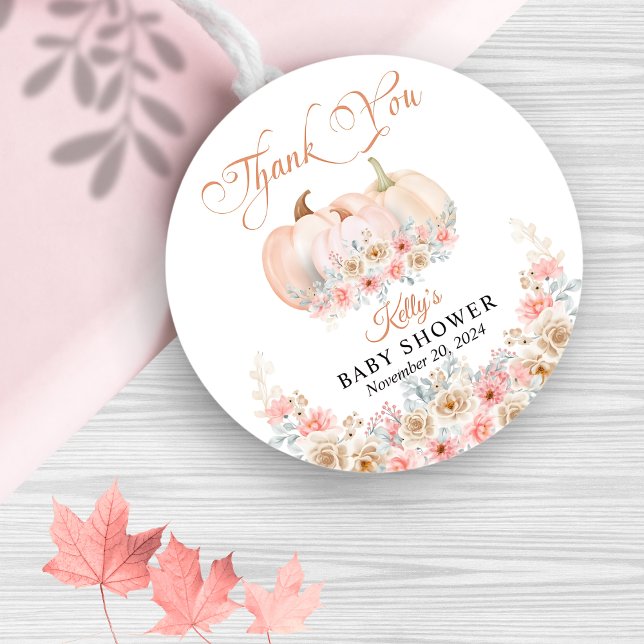 Sweet Pumpkin Floral Baby Shower Classic Round Sticker (Creator Uploaded)
