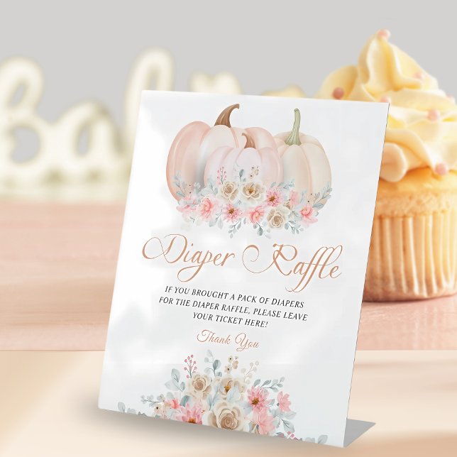 Sweet Pumpkin Floral Baby Shower Diaper Raffle Pedestal Sign (Creator Uploaded)