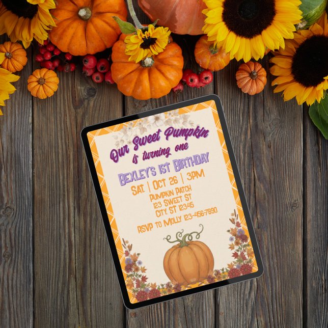 Sweet Pumpkin One, Orange Floral 1st Birthday Invitation (Creator Uploaded)