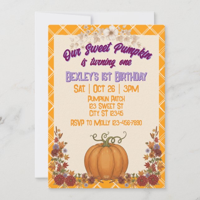 Sweet Pumpkin One, Orange Floral 1st Birthday Invitation (Front)