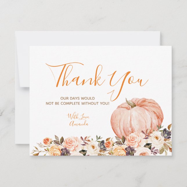 Sweet Pumpkin Rustic Floral 1st Birthday  Thank You Card (Front)