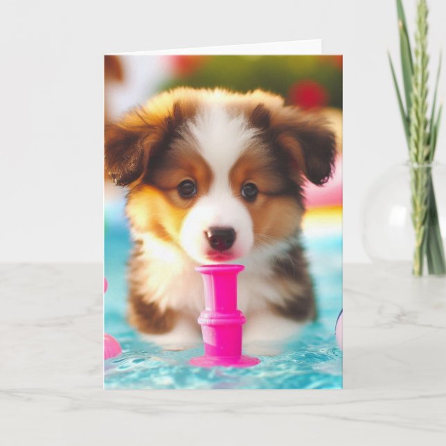 Sweet Puppy Cute Pool Party All Occasions Card (Front)