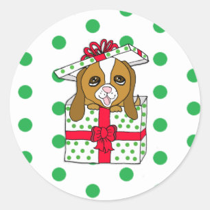 Sweet Puppy Dog in Christmas Gift Box with Bow Classic Round Sticker