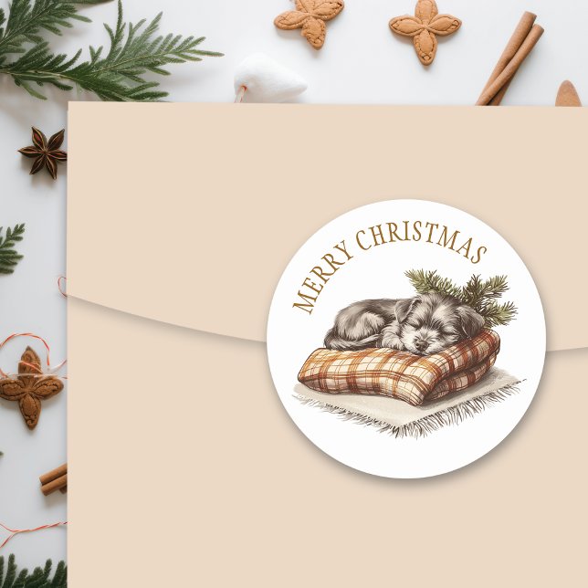 Sweet Puppy Dog Sleeping on Warm Blanket Christmas Classic Round Sticker (Creator Uploaded)