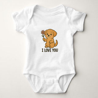 Sweet Puppy Holding Flower – I LOVE YOU Cute Dog A Baby Bodysuit