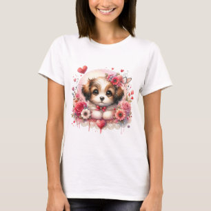 Sweet Puppy with Floral Hearts T-Shirt