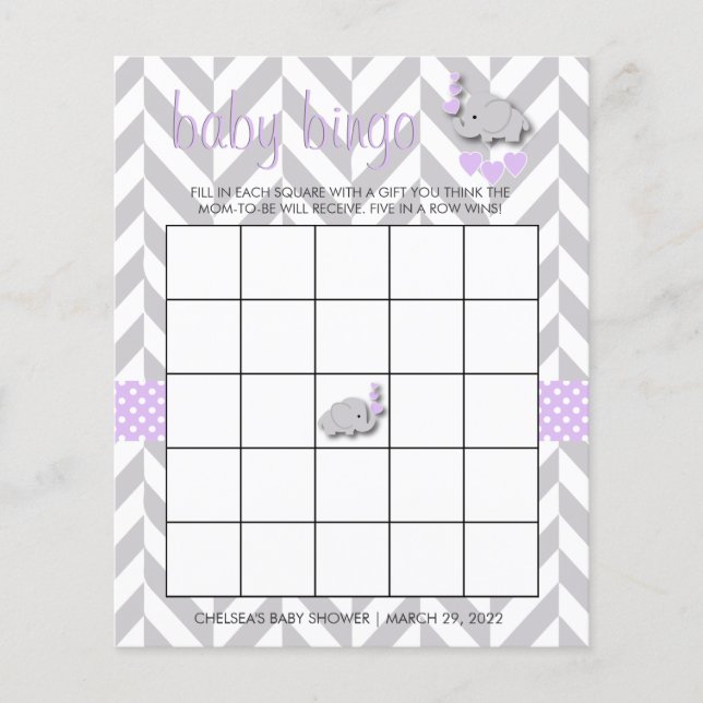 Sweet Purple and Grey Elephant Baby Shower Bingo Flyer (Front)