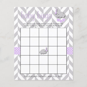 Sweet Purple and Grey Elephant Baby Shower Bingo Flyer