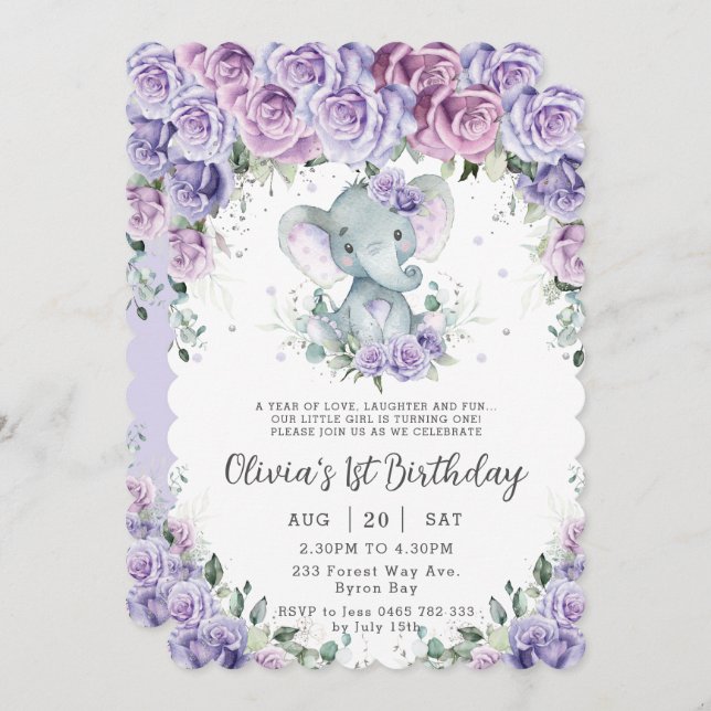 Sweet Purple Floral Adorable Elephant Birthday Invitation (Front/Back)