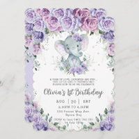 Sweet Purple Floral Adorable Elephant Birthday